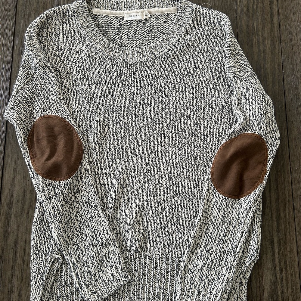 Harper Marled Gray Crewneck Sweater with Brown Elbow Patches